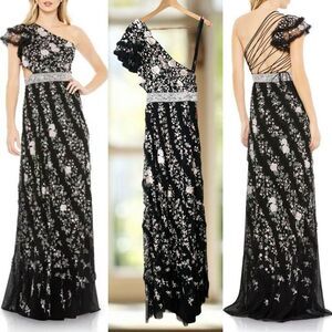 Mac Duggal Embroidered One Shoulder Gown Black Floral Lace up Dress NWT